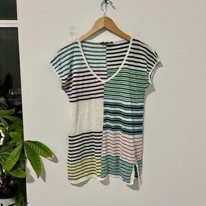 Loro Piana Linen Stripe V Neck Short Sleeve Top Size Small